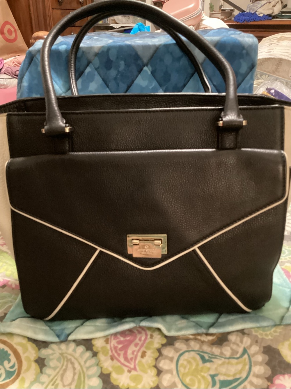kate spade Black Satchel with Cream Piping and Gold Hardware
